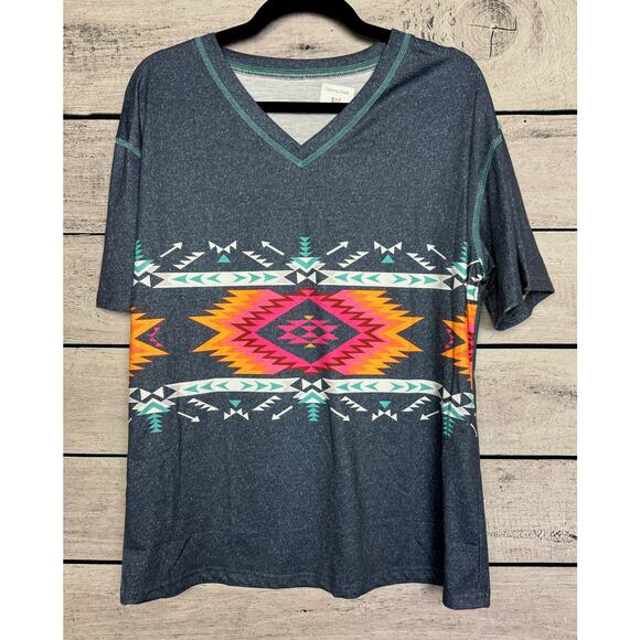 New Ladies Boutique Blue Aztec Top - Large - Picture 1 of 2